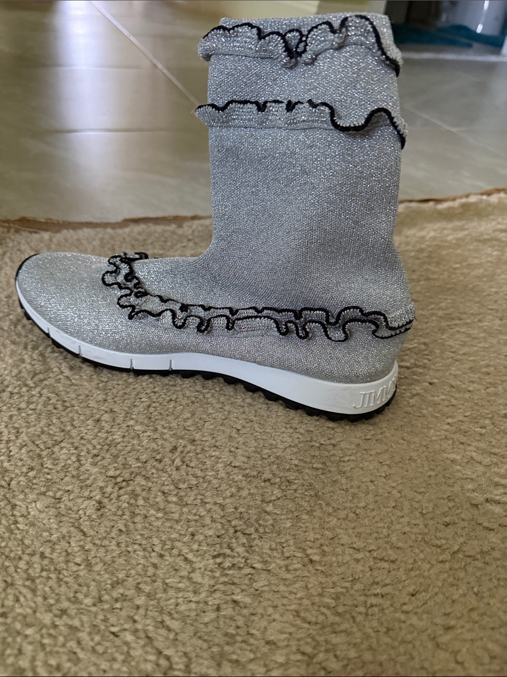 Silver Glitter Ruffled Knit Boot With Black Trim Jimmy Choo